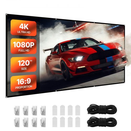 Projector Screen, 3048 mm 16:9 4K 1080 HD Projection Screen, Wall Mounted Projection Dispaly Projector with 8 Hooks and Double-Sided Tapes, Portable Moive Canvas for Family Home Office Theater