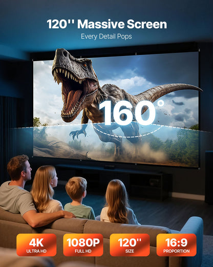 Projector Screen, 3048 mm 16:9 4K 1080 HD Projection Screen, Wall Mounted Projection Dispaly Projector with 8 Hooks and Double-Sided Tapes, Portable Moive Canvas for Family Home Office Theater