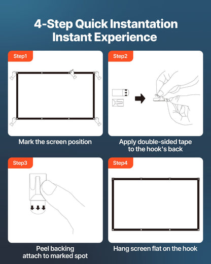 Projector Screen, 3048 mm 16:9 4K 1080 HD Projection Screen, Wall Mounted Projection Dispaly Projector with 8 Hooks and Double-Sided Tapes, Portable Moive Canvas for Family Home Office Theater