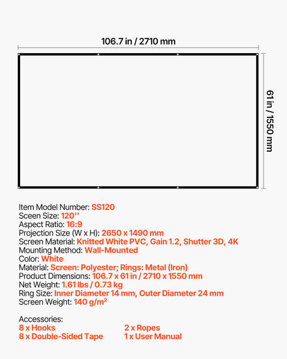 Projector Screen, 3048 mm 16:9 4K 1080 HD Projection Screen, Wall Mounted Projection Dispaly Projector with 8 Hooks and Double-Sided Tapes, Portable Moive Canvas for Family Home Office Theater