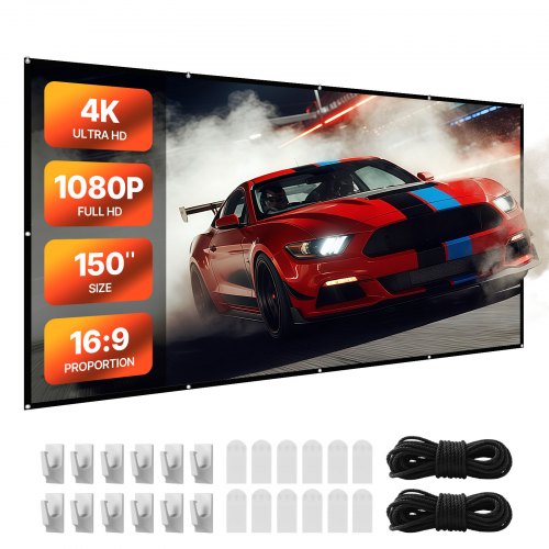 Projector Screen, 3810 mm 16:9 4K 1080 HD Projection Screen, Wall Mounted Projection Dispaly Projector with 12 Hooks and Double-Sided Tapes, Portable Moive Canvas for Family Home Office Theater