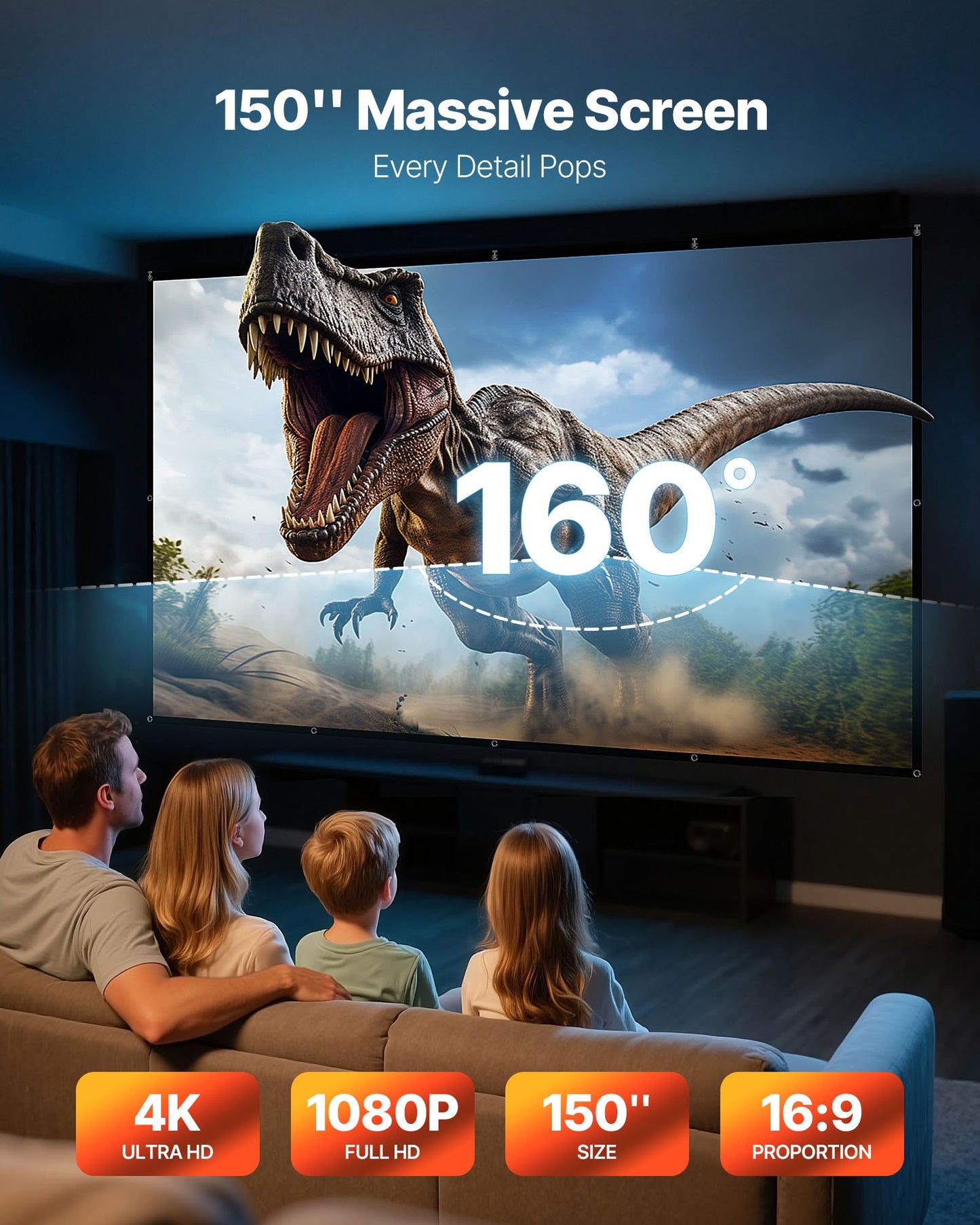 Projector Screen, 3810 mm 16:9 4K 1080 HD Projection Screen, Wall Mounted Projection Dispaly Projector with 12 Hooks and Double-Sided Tapes, Portable Moive Canvas for Family Home Office Theater