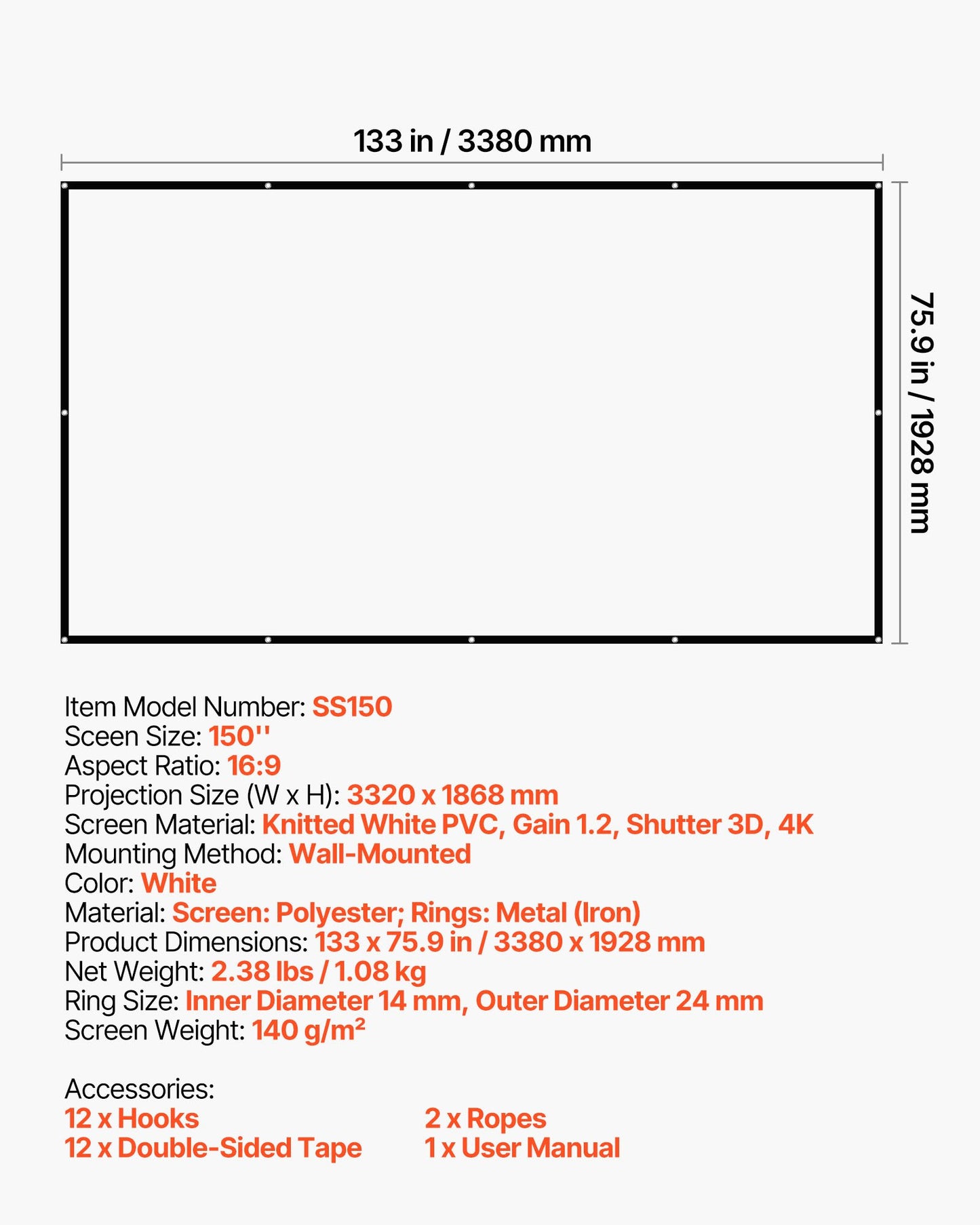 Projector Screen, 3810 mm 16:9 4K 1080 HD Projection Screen, Wall Mounted Projection Dispaly Projector with 12 Hooks and Double-Sided Tapes, Portable Moive Canvas for Family Home Office Theater