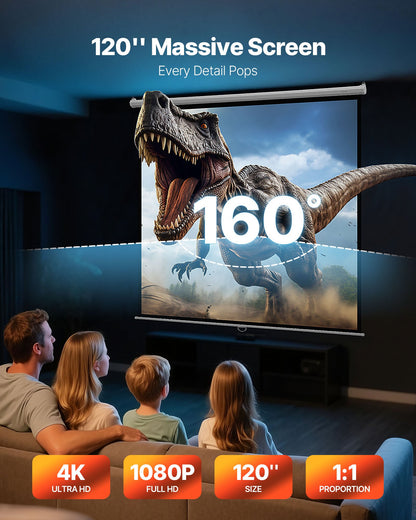 Manual Projector Screen, 3048 mm 1:1 4K 1080 HD Retractable Pull Down Projector Screen, Wall Mounted Movie Projection with Pull Rope, Portable Display Projectoin for Family Home Office Theater