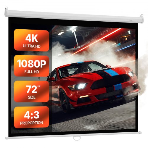 Manual Projector Screen, 1829 mm 4:3 4K 1080 HD Retractable Pull Down Projector Screen, Wall Mounted Movie Projection with Pull Rope, Portable Display Projectoin for Family Home Office Theater