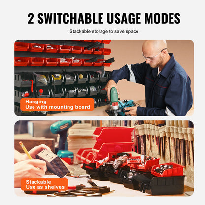 Wandmontierte Aufbewahrungsboxen, 48-teiliges Teileregal-System für Werkstatt und Garage, Kunststoff, mit Wandpaneelen, Werkzeugaufbewahrung für Muttern, Schrauben, Nägel, Perlen, Knöpfe und andere Kleinteile, Schwarz und Rot
