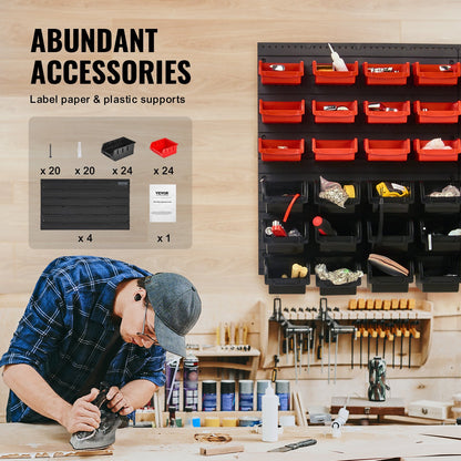 Wandmontierte Aufbewahrungsboxen, 48-teiliges Teileregal-System für Werkstatt und Garage, Kunststoff, mit Wandpaneelen, Werkzeugaufbewahrung für Muttern, Schrauben, Nägel, Perlen, Knöpfe und andere Kleinteile, Schwarz und Rot