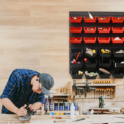 Wandmontierte Aufbewahrungsboxen, 48-teiliges Teileregal-System für Werkstatt und Garage, Kunststoff, mit Wandpaneelen, Werkzeugaufbewahrung für Muttern, Schrauben, Nägel, Perlen, Knöpfe und andere Kleinteile, Schwarz und Rot