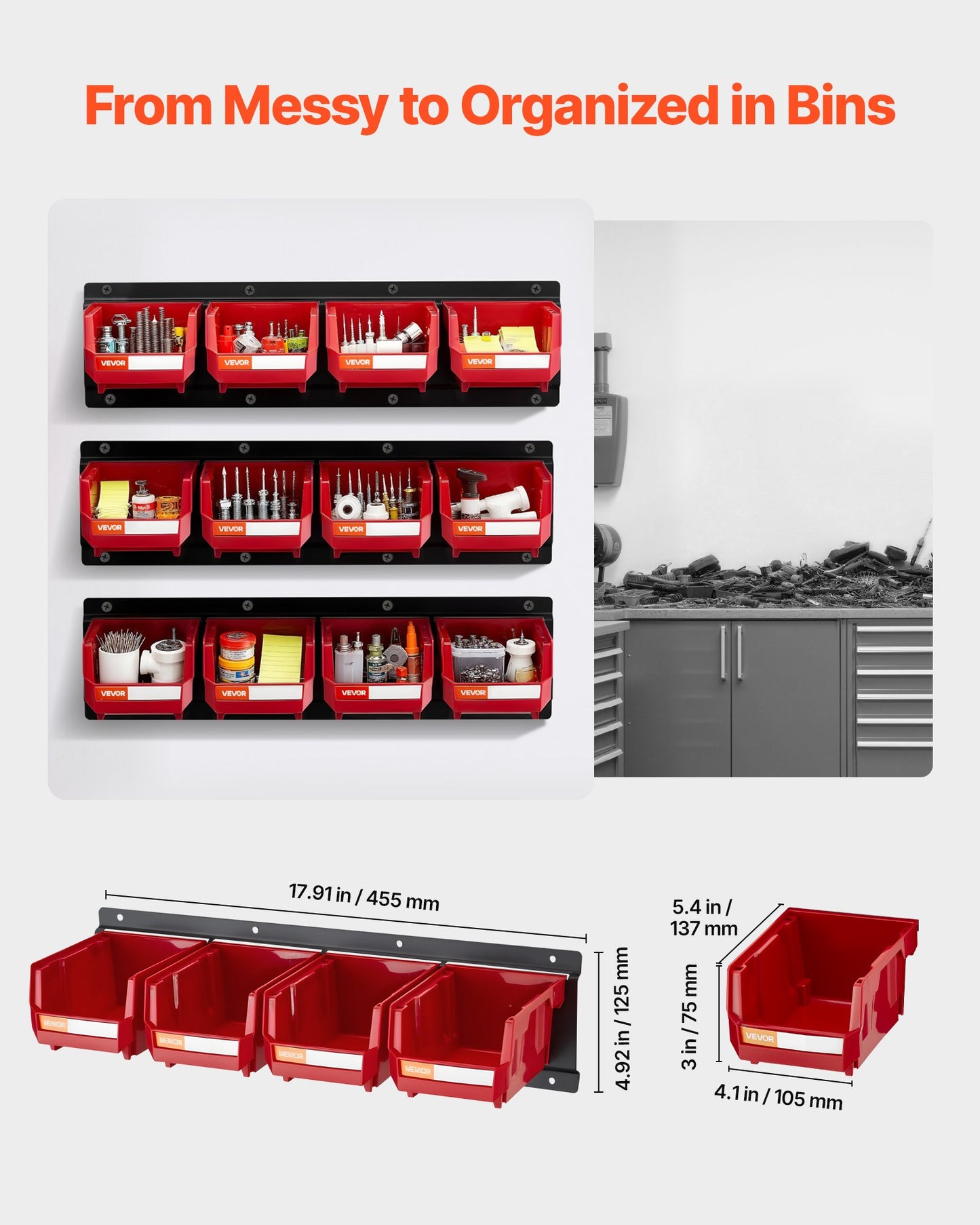 Wandmontierte Aufbewahrungsboxen, 12 Kunststoffboxen &amp; 3 Metallschienen, stapelbare Hängeboxen aus Kunststoff für Schrauben, Muttern, Bolzen, Nägel, Werkzeugaufbewahrung für Werkstatt, Bastelraum, Garage, Rot