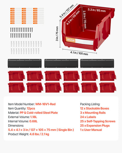Wandmontierte Aufbewahrungsboxen, 12 Kunststoffboxen &amp; 3 Metallschienen, stapelbare Hängeboxen aus Kunststoff für Schrauben, Muttern, Bolzen, Nägel, Werkzeugaufbewahrung für Werkstatt, Bastelraum, Garage, Rot