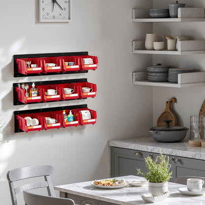 Wandmontierte Aufbewahrungsboxen, 12 Kunststoffboxen &amp; 3 Metallschienen, stapelbare Hängeboxen aus Kunststoff für Schrauben, Muttern, Bolzen, Nägel, Werkzeugaufbewahrung für Werkstatt, Bastelraum, Garage, Rot