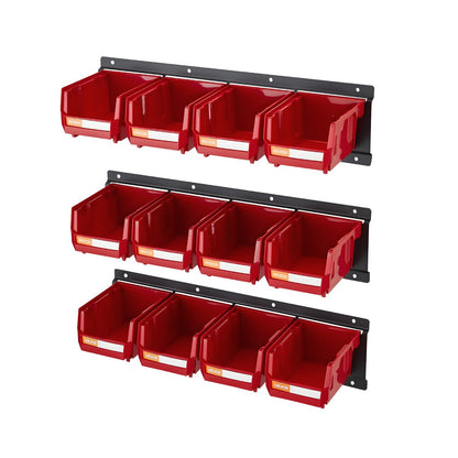 Wandmontierte Aufbewahrungsboxen, 12 Kunststoffboxen &amp; 3 Metallschienen, stapelbare Hängeboxen aus Kunststoff für Schrauben, Muttern, Bolzen, Nägel, Werkzeugaufbewahrung für Werkstatt, Bastelraum, Garage, Rot