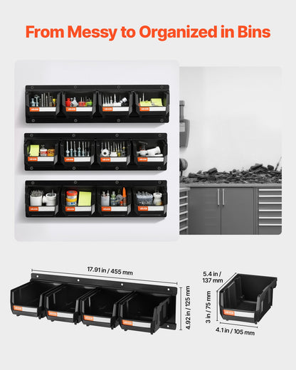 Wandmontierte Aufbewahrungsboxen, 12 Kunststoffboxen &amp; 3 Metallschienen, stapelbare Hängeboxen aus Kunststoff für Schrauben, Muttern, Bolzen, Nägel, Werkzeugaufbewahrung für Werkstatt, Bastelraum, Garage, Schwarz