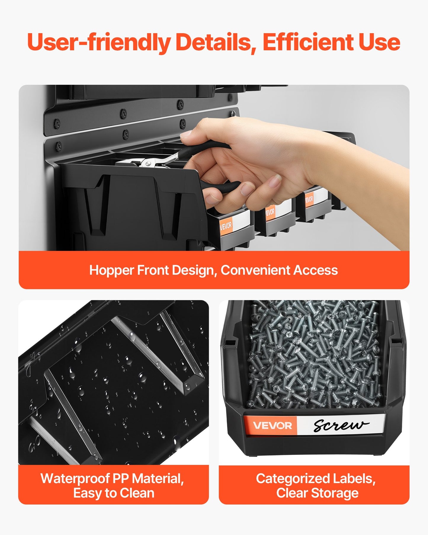 Wandmontierte Aufbewahrungsboxen, 12 Kunststoffboxen &amp; 3 Metallschienen, stapelbare Hängeboxen aus Kunststoff für Schrauben, Muttern, Bolzen, Nägel, Werkzeugaufbewahrung für Werkstatt, Bastelraum, Garage, Schwarz