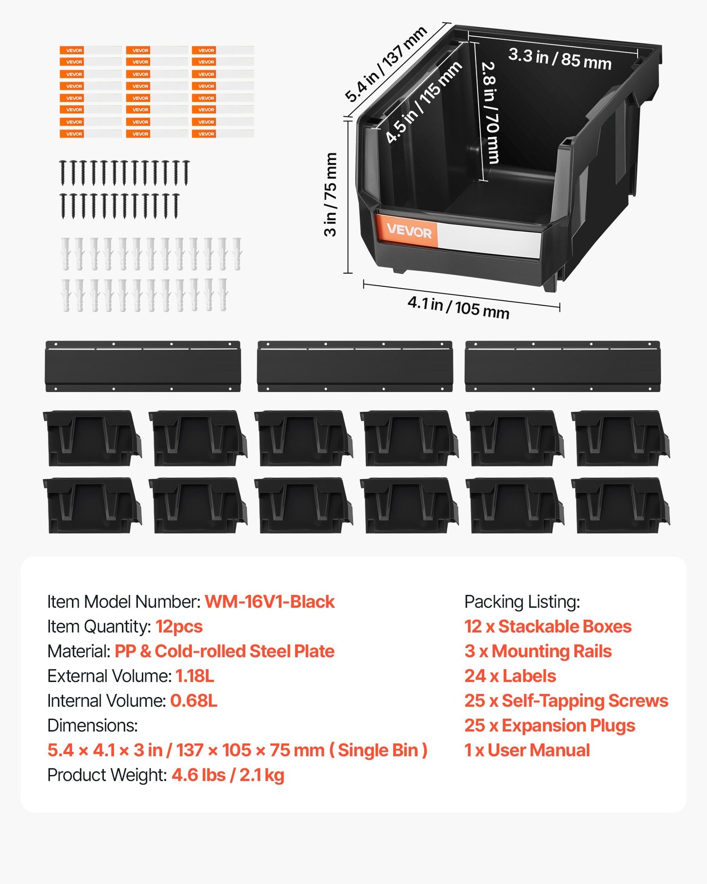 Wandmontierte Aufbewahrungsboxen, 12 Kunststoffboxen &amp; 3 Metallschienen, stapelbare Hängeboxen aus Kunststoff für Schrauben, Muttern, Bolzen, Nägel, Werkzeugaufbewahrung für Werkstatt, Bastelraum, Garage, Schwarz