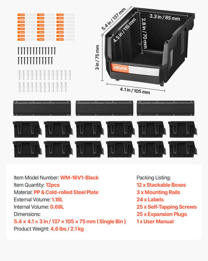 Wandmontierte Aufbewahrungsboxen, 12 Kunststoffboxen &amp; 3 Metallschienen, stapelbare Hängeboxen aus Kunststoff für Schrauben, Muttern, Bolzen, Nägel, Werkzeugaufbewahrung für Werkstatt, Bastelraum, Garage, Schwarz
