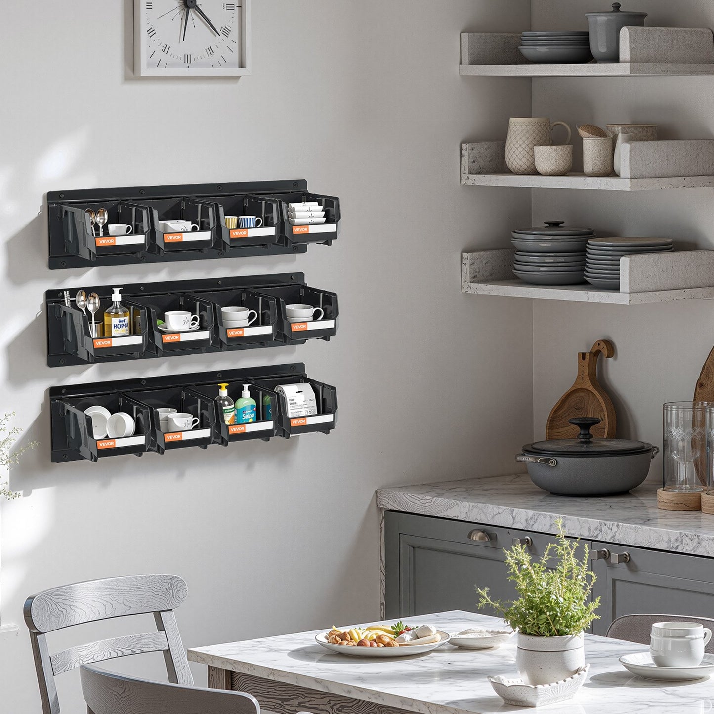 Wandmontierte Aufbewahrungsboxen, 12 Kunststoffboxen &amp; 3 Metallschienen, stapelbare Hängeboxen aus Kunststoff für Schrauben, Muttern, Bolzen, Nägel, Werkzeugaufbewahrung für Werkstatt, Bastelraum, Garage, Schwarz