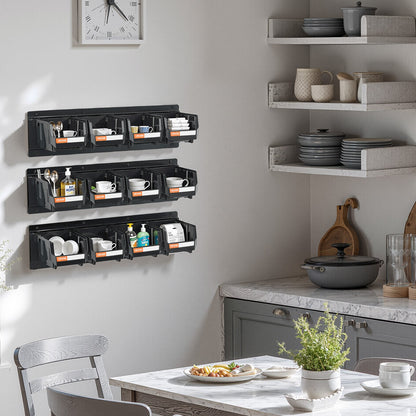 Wandmontierte Aufbewahrungsboxen, 12 Kunststoffboxen &amp; 3 Metallschienen, stapelbare Hängeboxen aus Kunststoff für Schrauben, Muttern, Bolzen, Nägel, Werkzeugaufbewahrung für Werkstatt, Bastelraum, Garage, Schwarz