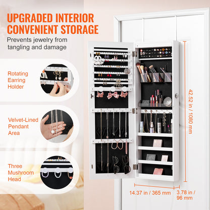 Schmuckschrank mit Spiegel, 108 cm hoch, abschließbar, mit Ganzkörperspiegel, zur Wand- oder Türmontage, mit LED-Innenbeleuchtung und Samtfutter, weiß