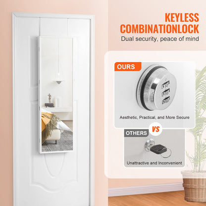 Schmuckschrank mit Spiegel, 119,7 cm hoch, abschließbar, mit Ganzkörperspiegel, zur Wand- oder Türmontage, mit LED-Innenbeleuchtung und Samtfutter, weiß