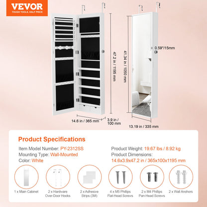 Schmuckschrank mit Spiegel, 119,7 cm hoch, abschließbar, mit Ganzkörperspiegel, zur Wand- oder Türmontage, mit LED-Innenbeleuchtung und Samtfutter, weiß