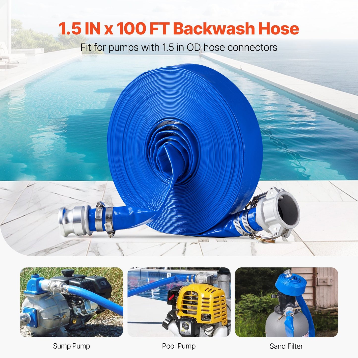 Backwash Hose, 38 mm(1.5 in) x 30.5 m(100 ft), Blue High Quality PVC Hose, with Clamps, Camlock, Aluminum Fittings, Fit Various Pumps, for Sewage Treatment, Water Transportation and More Agricultural Purposes