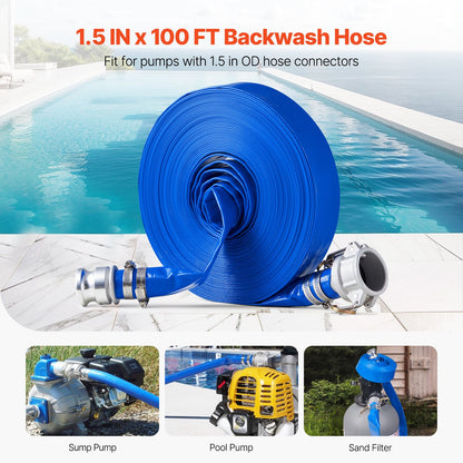 Backwash Hose, 38 mm(1.5 in) x 30.5 m(100 ft), Blue High Quality PVC Hose, with Clamps, Camlock, Aluminum Fittings, Fit Various Pumps, for Sewage Treatment, Water Transportation and More Agricultural Purposes