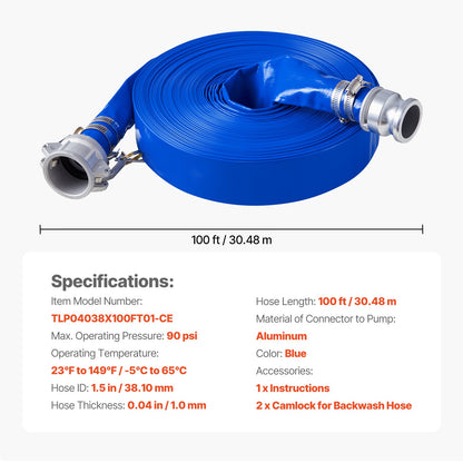 Backwash Hose, 38 mm(1.5 in) x 30.5 m(100 ft), Blue High Quality PVC Hose, with Clamps, Camlock, Aluminum Fittings, Fit Various Pumps, for Sewage Treatment, Water Transportation and More Agricultural Purposes