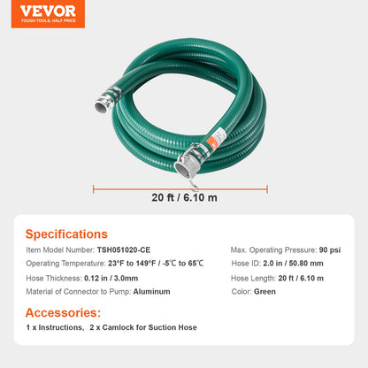 Saugschlauch, 51 mm (2 Zoll) x 6,1 m (20 Fuß), grüner, hochwertiger Schlauch, mit Camlock-Kupplungen und Aluminium-Fittings, passend für verschiedene Pumpen, für Abwasserbehandlung, Wassertransport und weitere landwirtschaftliche Zwecke