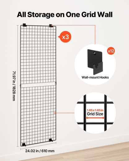 3 Packs Grid Wall Panels, 610 x 1828 mm Wire Grid Panels Display Rack, Wall-Mounted Art Display Shelf, Black Carbon Steel Wall Hanging Gridwall for Craft Show, Decoration, Storage, Notice Board