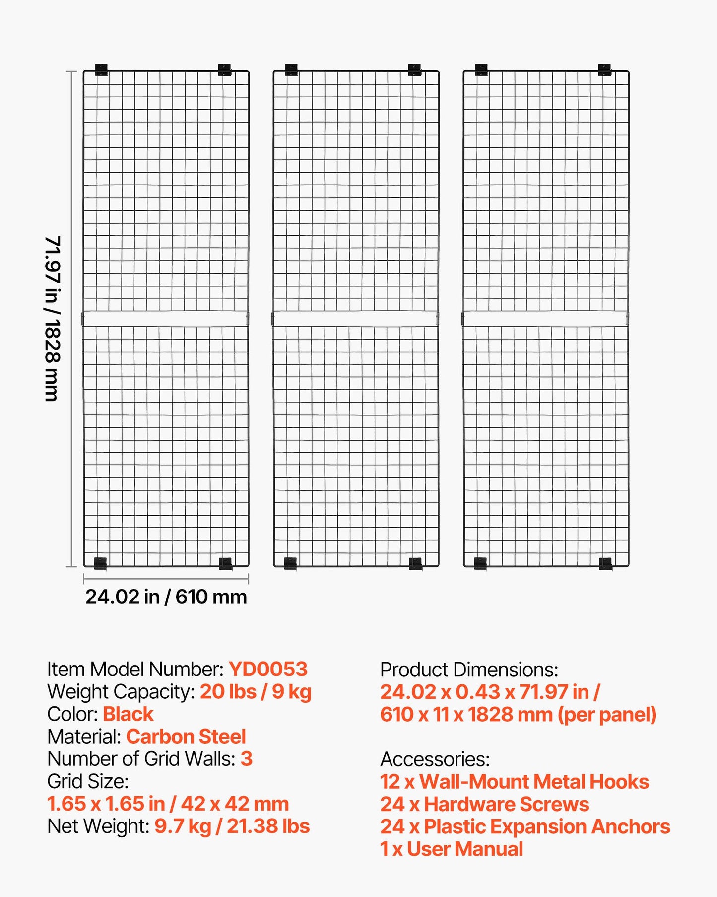 3 Packs Grid Wall Panels, 610 x 1828 mm Wire Grid Panels Display Rack, Wall-Mounted Art Display Shelf, Black Carbon Steel Wall Hanging Gridwall for Craft Show, Decoration, Storage, Notice Board