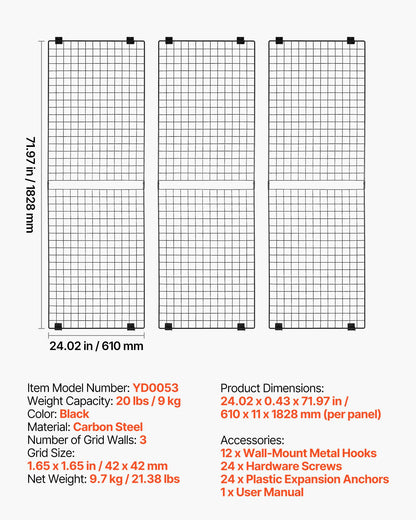 3 Packs Grid Wall Panels, 610 x 1828 mm Wire Grid Panels Display Rack, Wall-Mounted Art Display Shelf, Black Carbon Steel Wall Hanging Gridwall for Craft Show, Decoration, Storage, Notice Board