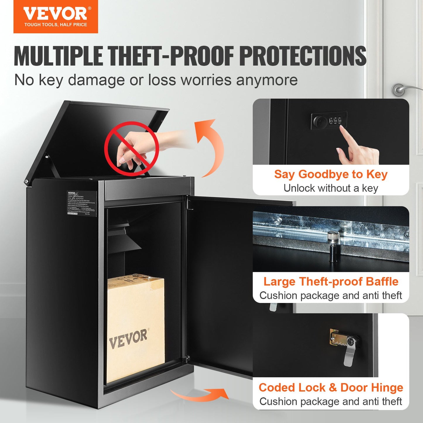 Paketbriefkasten für den Außenbereich, 39,1 x 26,9 x 52,1 cm, verzinkter Stahl, Wandmontage, mit Zahlenschloss, Diebstahlsicherung, IPX3 wasserdicht, abschließbar, großer Briefkasten für Veranda und Bordsteinkante