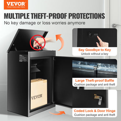 Paketbriefkasten für den Außenbereich, 39,1 x 26,9 x 52,1 cm, verzinkter Stahl, Wandmontage, mit Zahlenschloss, Diebstahlsicherung, IPX3 wasserdicht, abschließbar, großer Briefkasten für Veranda und Bordsteinkante