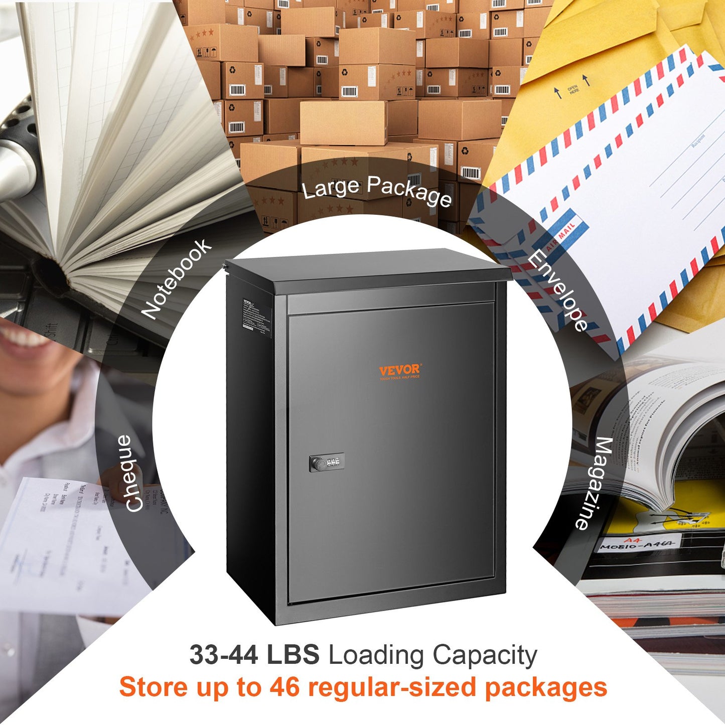 Paketbriefkasten für den Außenbereich, 39,1 x 26,9 x 52,1 cm, verzinkter Stahl, Wandmontage, mit Zahlenschloss, Diebstahlsicherung, IPX3 wasserdicht, abschließbar, großer Briefkasten für Veranda und Bordsteinkante