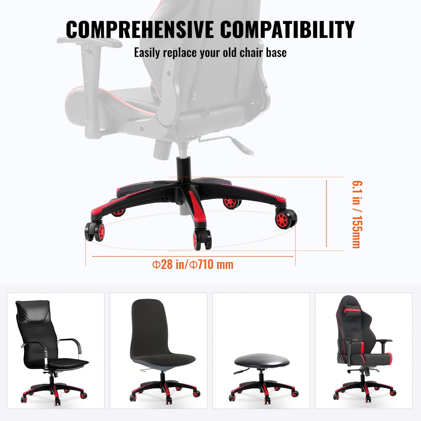 Office Chair Base Replacement, 28", 2500 lbs Static Load, Heavy Duty Universal Computer Desk Chair Stool Base Part with 5 Casters and Reinforced Legs, Desk Chair Base Replacement, Black + Red