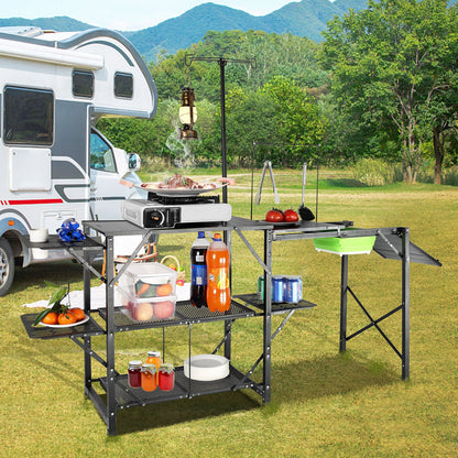 Camping Kitchen Table, One-piece Folding Portable Cook Station with A Carrying Bag, Long Aluminum Camping Table 3 Side Tables, 2 Shelves & A Detachable Sink for Outdoor Picnics, BBQs, Camping