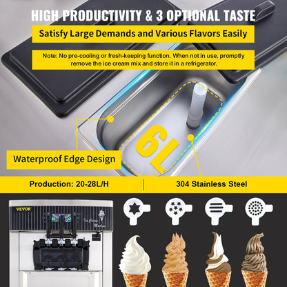 Gewerbliche, vertikale Softeismaschine mit 2200 W Leistung, 5,3 bis 7,4 Gallonen pro Stunde, geeignet für Restaurants, Bars, Cafés und Bäckereien.
