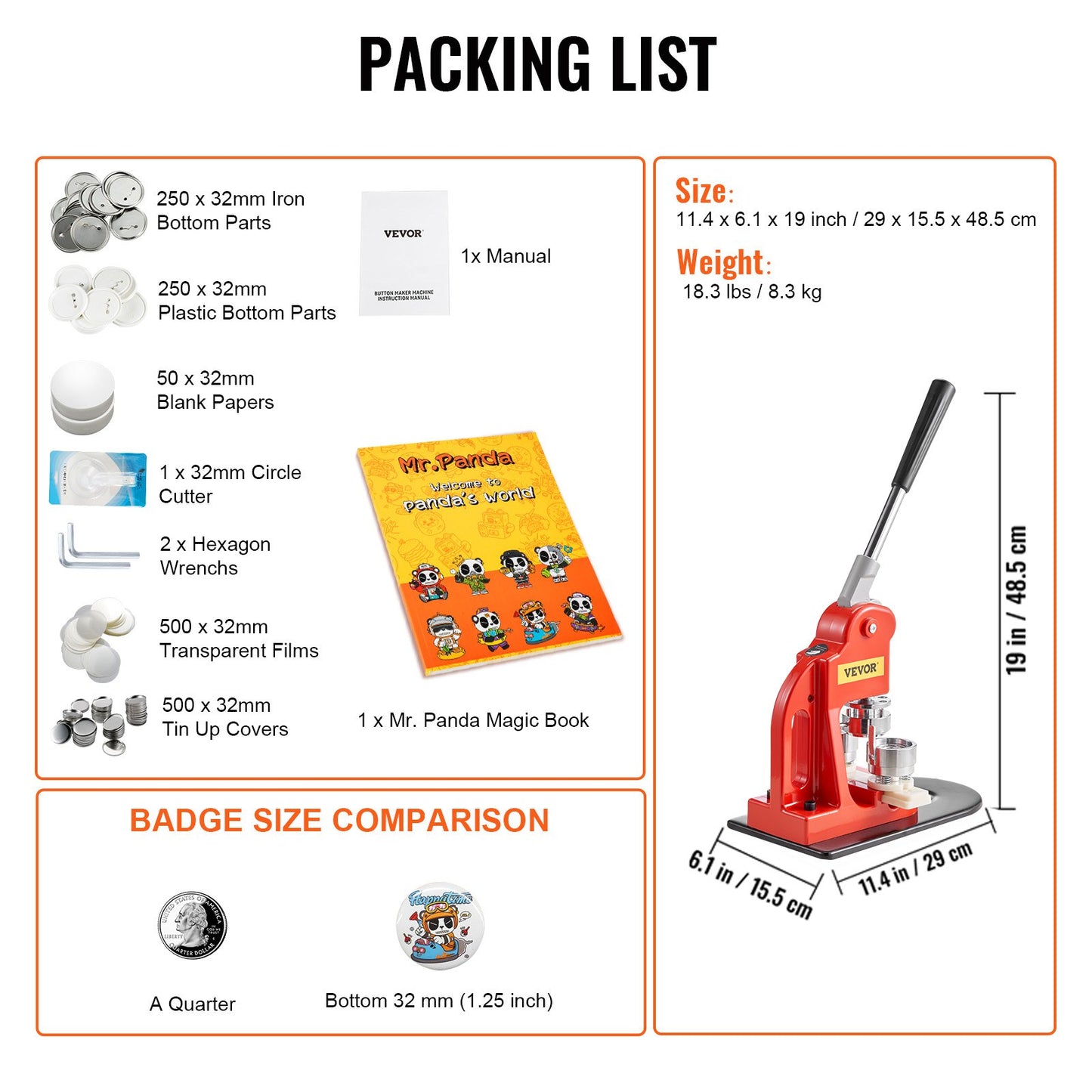 Buttonmaschine, 32-mm-Stanzpresse, Bastelset für Kinder, Anstecknadel-Set mit 500 Buttonteilen, Kreisschneider und Zauberbuch