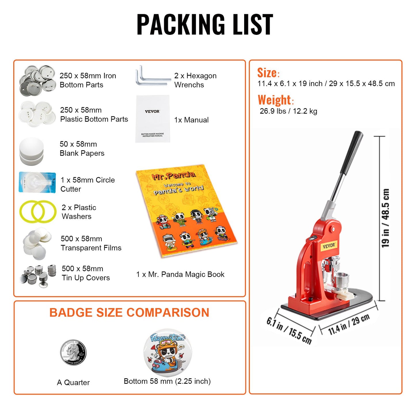 Buttonmaschine, 58 mm (2,25 Zoll) Stanzpresse für Anstecknadeln, Bastelset für Kindergeschenke, Zubehör zur Buttonherstellung mit 500 Buttonteilen, Kreisschneider und Zauberbuch
