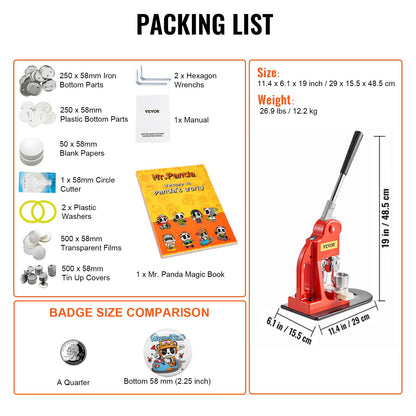 Buttonmaschine, 58 mm (2,25 Zoll) Stanzpresse für Anstecknadeln, Bastelset für Kindergeschenke, Zubehör zur Buttonherstellung mit 500 Buttonteilen, Kreisschneider und Zauberbuch