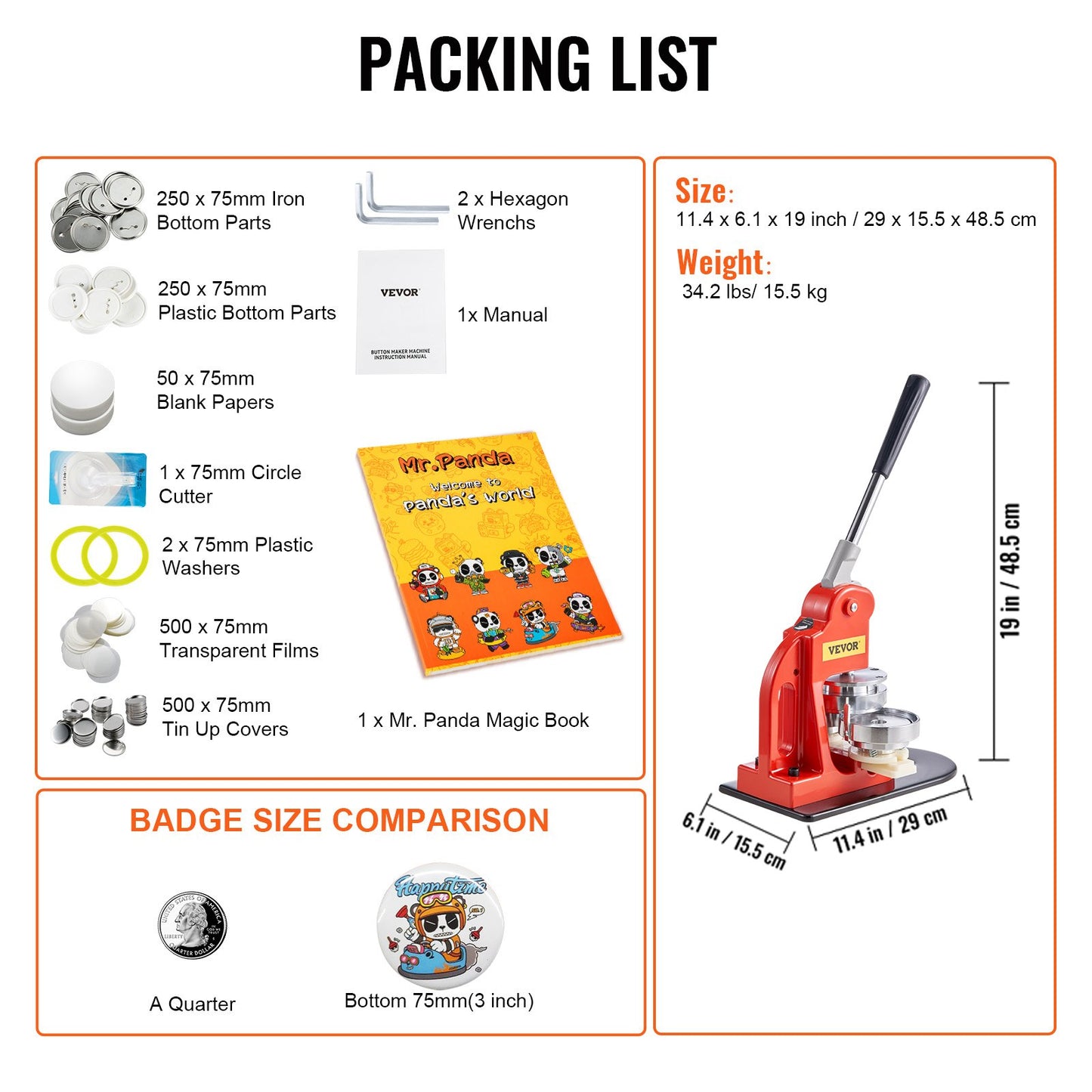 Buttonmaschine, 75-mm-Stanzpresse, Bastelset für Kinder, Anstecknadel-Set mit 500 Buttonteilen, Kreisschneider und Zauberbuch