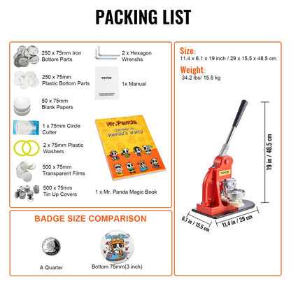 Buttonmaschine, 75-mm-Stanzpresse, Bastelset für Kinder, Anstecknadel-Set mit 500 Buttonteilen, Kreisschneider und Zauberbuch