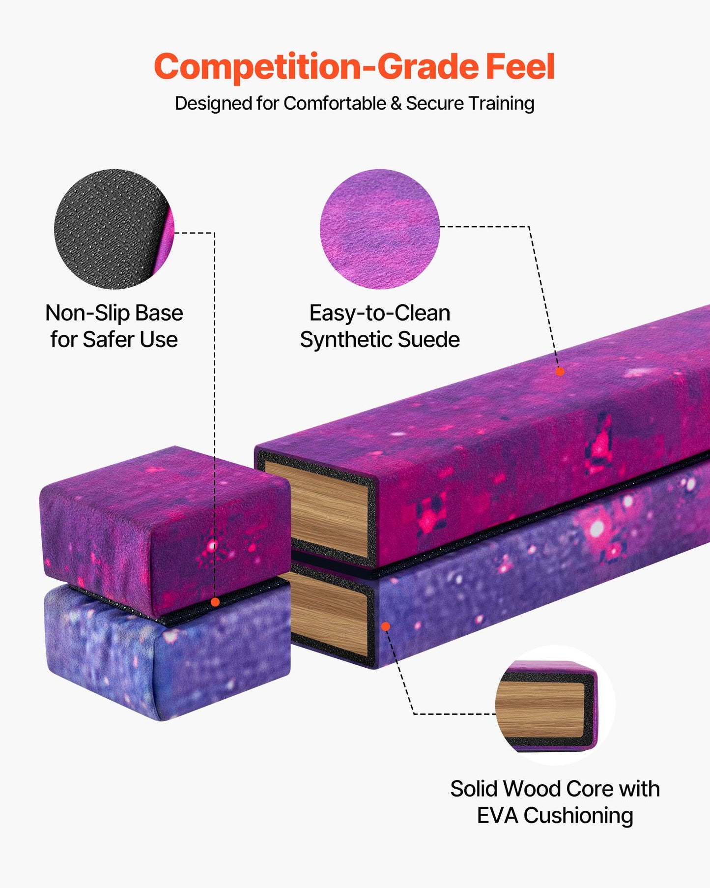 8 Fuß (ca. 2,4 m) langer, klappbarer Balancierbalken für Kinder, 136,1 kg stabiler Bodenbalken mit rutschfester Matte, Holzkern, rutschfester Unterseite und Tragetasche für das Heim-Fitnessstudio, Galaxy