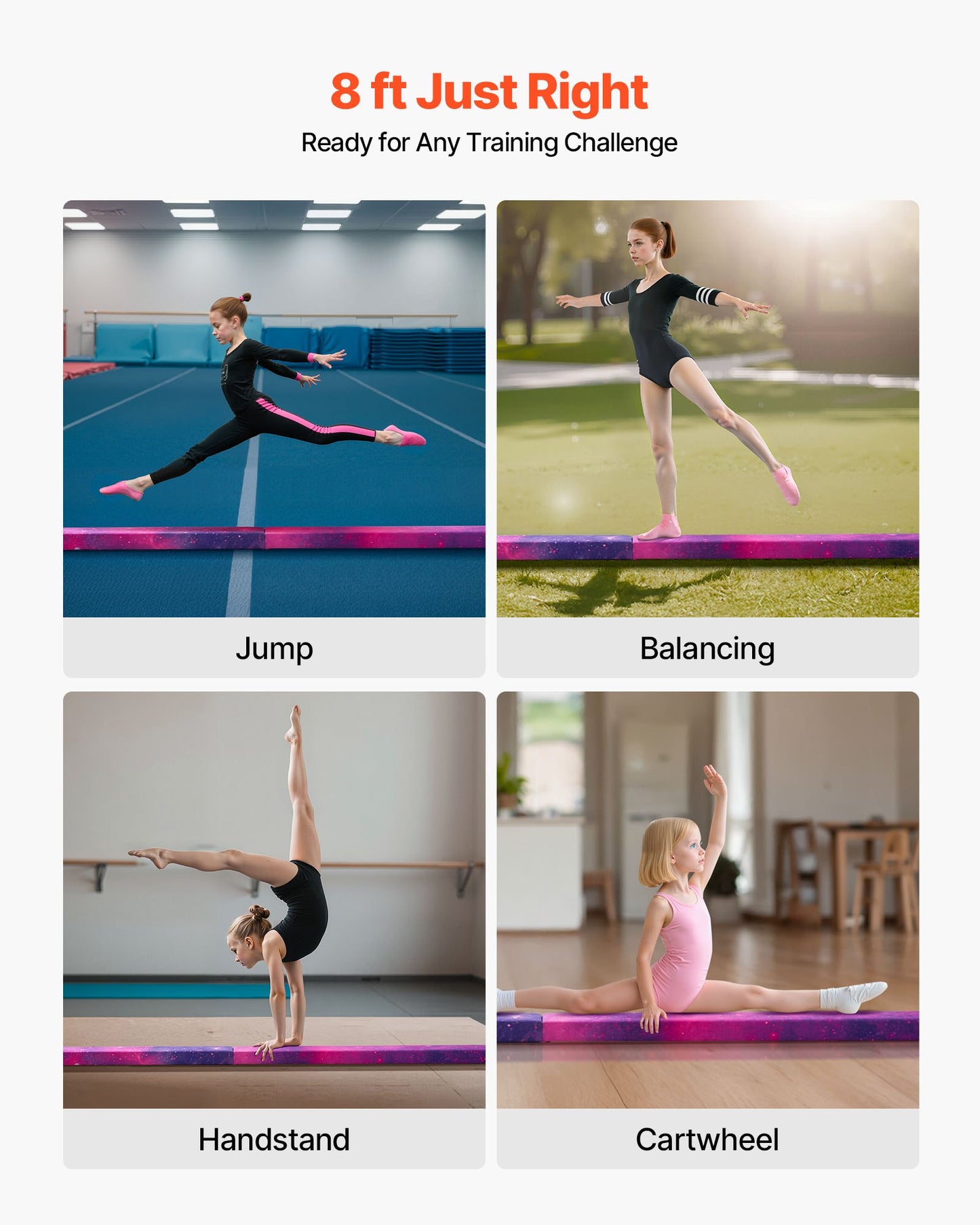 8 Fuß (ca. 2,4 m) langer, klappbarer Balancierbalken für Kinder, 136,1 kg stabiler Bodenbalken mit rutschfester Matte, Holzkern, rutschfester Unterseite und Tragetasche für das Heim-Fitnessstudio, Galaxy