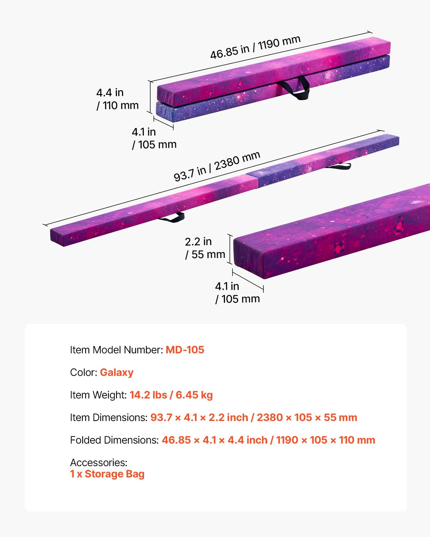 8 Fuß (ca. 2,4 m) langer, klappbarer Balancierbalken für Kinder, 136,1 kg stabiler Bodenbalken mit rutschfester Matte, Holzkern, rutschfester Unterseite und Tragetasche für das Heim-Fitnessstudio, Galaxy