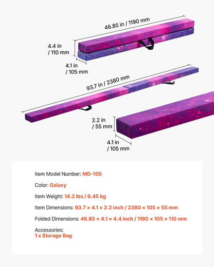 8 Fuß (ca. 2,4 m) langer, klappbarer Balancierbalken für Kinder, 136,1 kg stabiler Bodenbalken mit rutschfester Matte, Holzkern, rutschfester Unterseite und Tragetasche für das Heim-Fitnessstudio, Galaxy