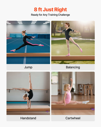 8 Fuß (ca. 2,4 m) langer Balancierbalken für Kinder, 158,7 kg stabiler Bodenbalken mit rutschfesten Holzmatten, Turngerät mit Holzkern und rutschfester Unterseite für Zuhause und Turnhalle, Gelb