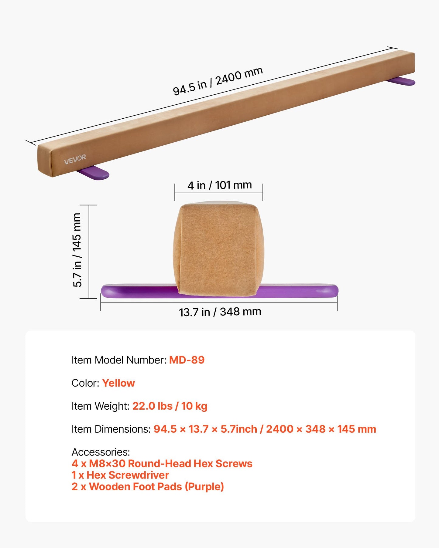 8 Fuß (ca. 2,4 m) langer Balancierbalken für Kinder, 158,7 kg stabiler Bodenbalken mit rutschfesten Holzmatten, Turngerät mit Holzkern und rutschfester Unterseite für Zuhause und Turnhalle, Gelb