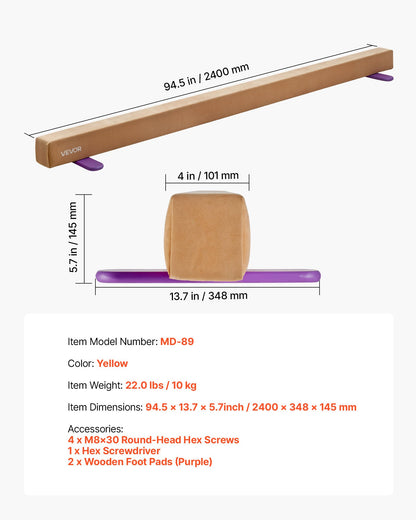 8 Fuß (ca. 2,4 m) langer Balancierbalken für Kinder, 158,7 kg stabiler Bodenbalken mit rutschfesten Holzmatten, Turngerät mit Holzkern und rutschfester Unterseite für Zuhause und Turnhalle, Gelb